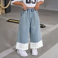 thumbnail image 2 of LIJCC Toddler Baby Girls Daily Jeans Straight Wide Leg Lace Denim Pants Elastic High Waist Denim Trousers Fashionable Casual Jeans(Blue,5-6 Years), 2 of 6