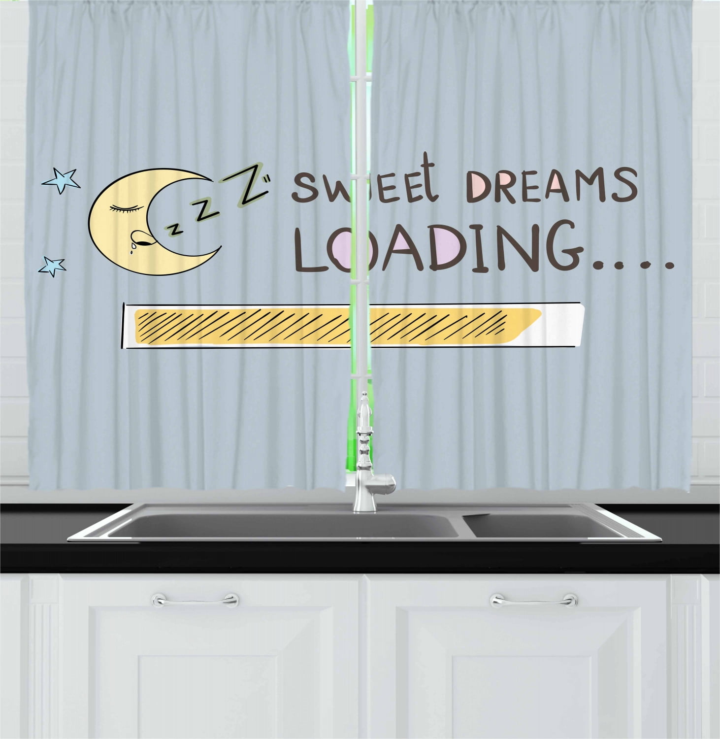 Sweet Dreams Curtains 2 Panels Set, Sweet Dreams Loading Concept with Progress Bar Design and Funny Moon Asleep, Window Drapes for Living Room Bedroom, 55W X 39L Inches, Multicolor, by Ambesonne
