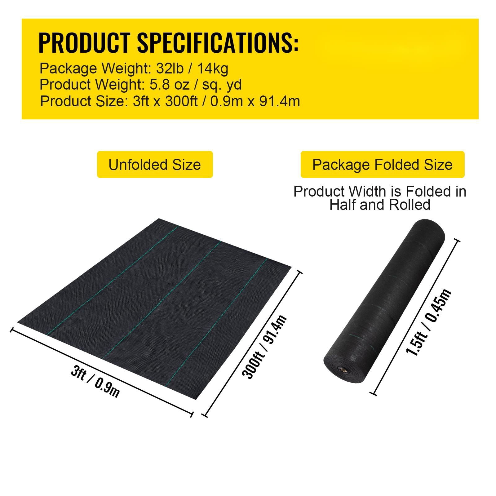 Weed Barrier, 5.8oz Landscape Fabric, 3ft x 300ft Cover Mat Heavy Duty Woven Grass Control Geotextile for Garden, Patio, Black