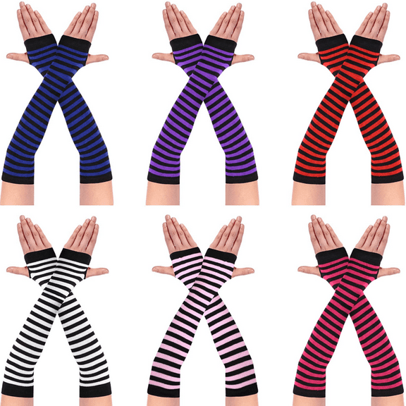 6 Pairs Long Fingerless Gloves for Women Knit Thigh High Striped Arm Warmer Thumb Hole Stretchy Gloves