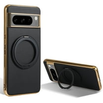 for Google Pixel 8 Magnetic Case with Invisible Ring Stand [Compatible with Wireless Charging], Luxury PU Leather Slim Stand Shockproof Phone Cover for Google Pixel 8, Black