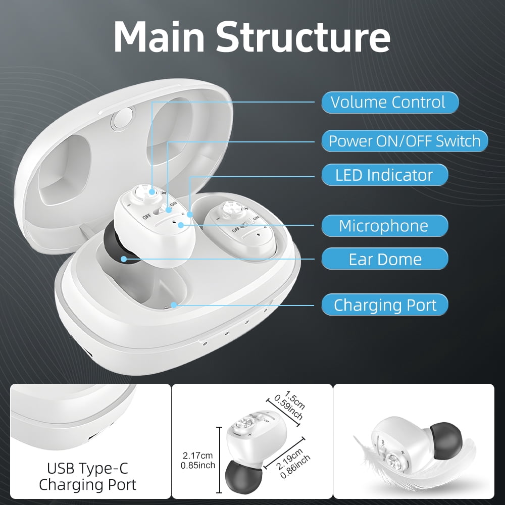 ELCTRTICI Hearing Aids for Seniors, Rechargeable, VHP-1607, White, Binaural