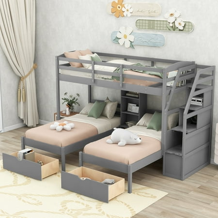 Twin over Twin&Twin Bunk Bed with Stairs for Kids  Solid Wood Triple Bunk Bed Frame with 2 Drawers  Middle Shelves and Storage Staircase for Boys and Girls  No Box Spring Needed  Gray