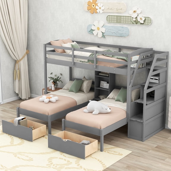 Newest Triple Bunk Bed (Twin over Twin & Twin) with Drawers and Storage Staircase, Modern Pine Wood, Gray