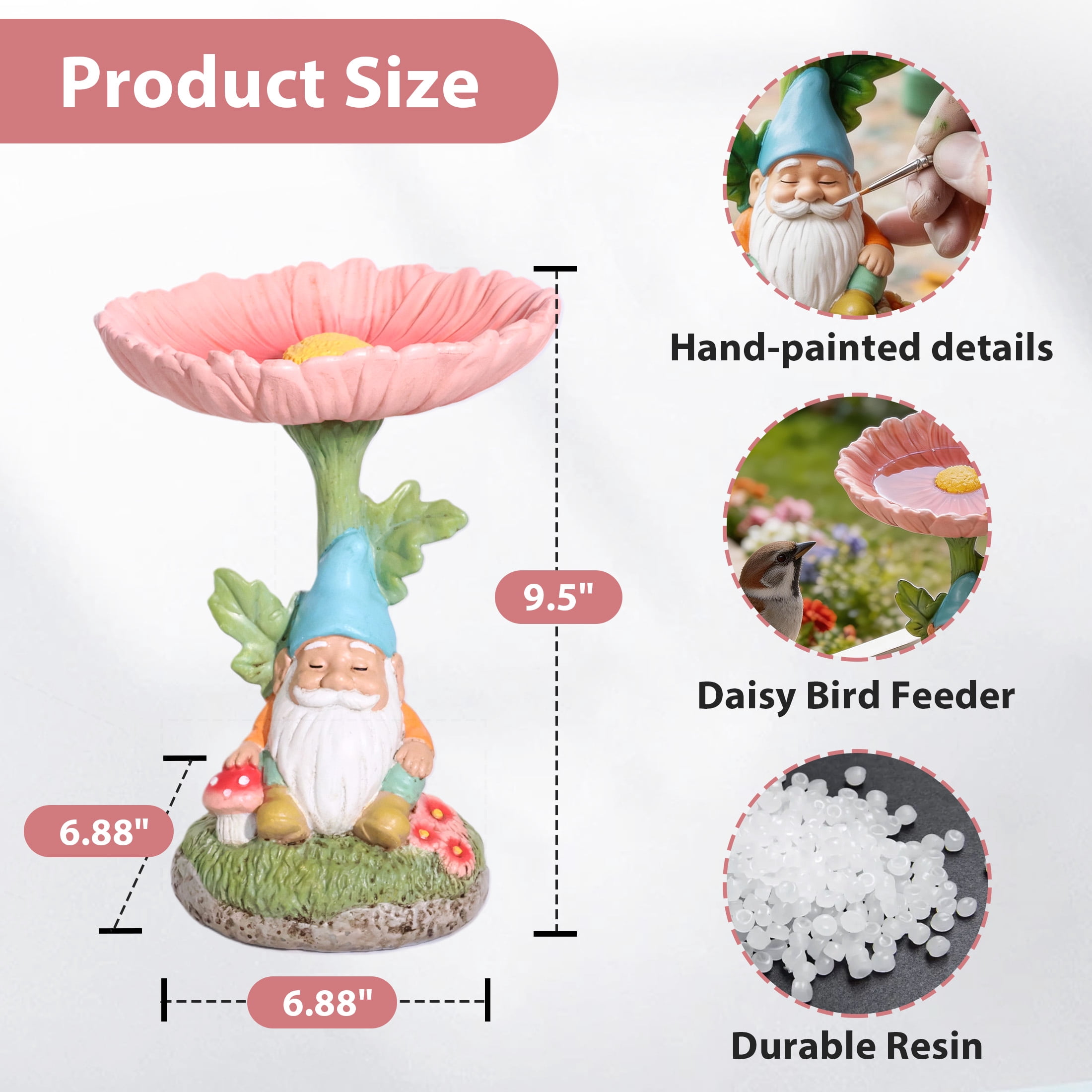 The Growing Ground Daisy Gnome Bird Feeder Garden Statue, Outdoor Garden Decor with Flower Bowl for Bird Seed and Water, Pink