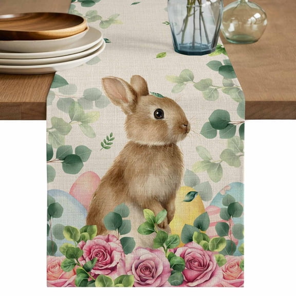 Easter Table Runner 120 Inches, Spring Watercolor Bunny Eggs Flower Leaf Beige Bed Runner Dresser Scarves Tabletop for Indoor Outdoor Parties/Ceremony/Banquet, 13"x 120"