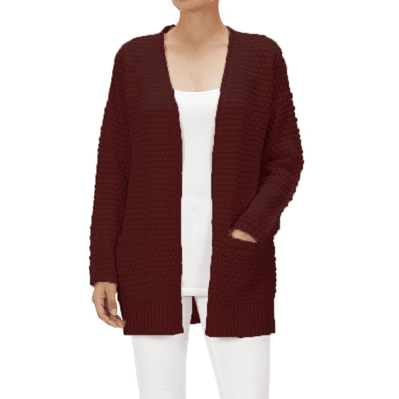 Yemak Women's Oversized Open Front Popcorn Knit Sweater Cardigan with Front Pockets HK8145-BUR-ML-BD