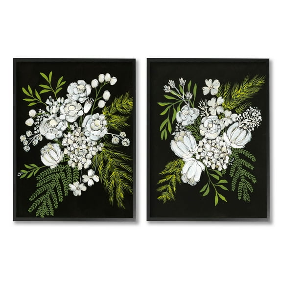 Stupell Industries Bold White Flower Blossoms Graphic Art Black Framed Art Print Wall Art, Set of 2, Design by Regina Moore