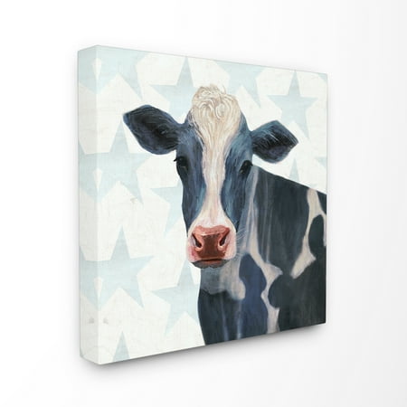 Cow Decor - The Stupell Home Decor Collection Patriotic Farm Cow Painting with Blue Stars Stretched Canvas Wall Art, 17 x 1.5 x 17