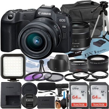 Canon EOS R8 Mirrorless Camera with RF 24-50mm Lens 2 Pack SanDisk 64GB Memory Card LED Flash Case ZeeTech Accessory