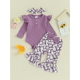 thumbnail image 2 of vera natura Baby Girls 3 Piece Outfits Ribbed Long Sleeves Romper and Daisy Print Elastic Flared Pants Headband Set Fall Clothes, 2 of 9