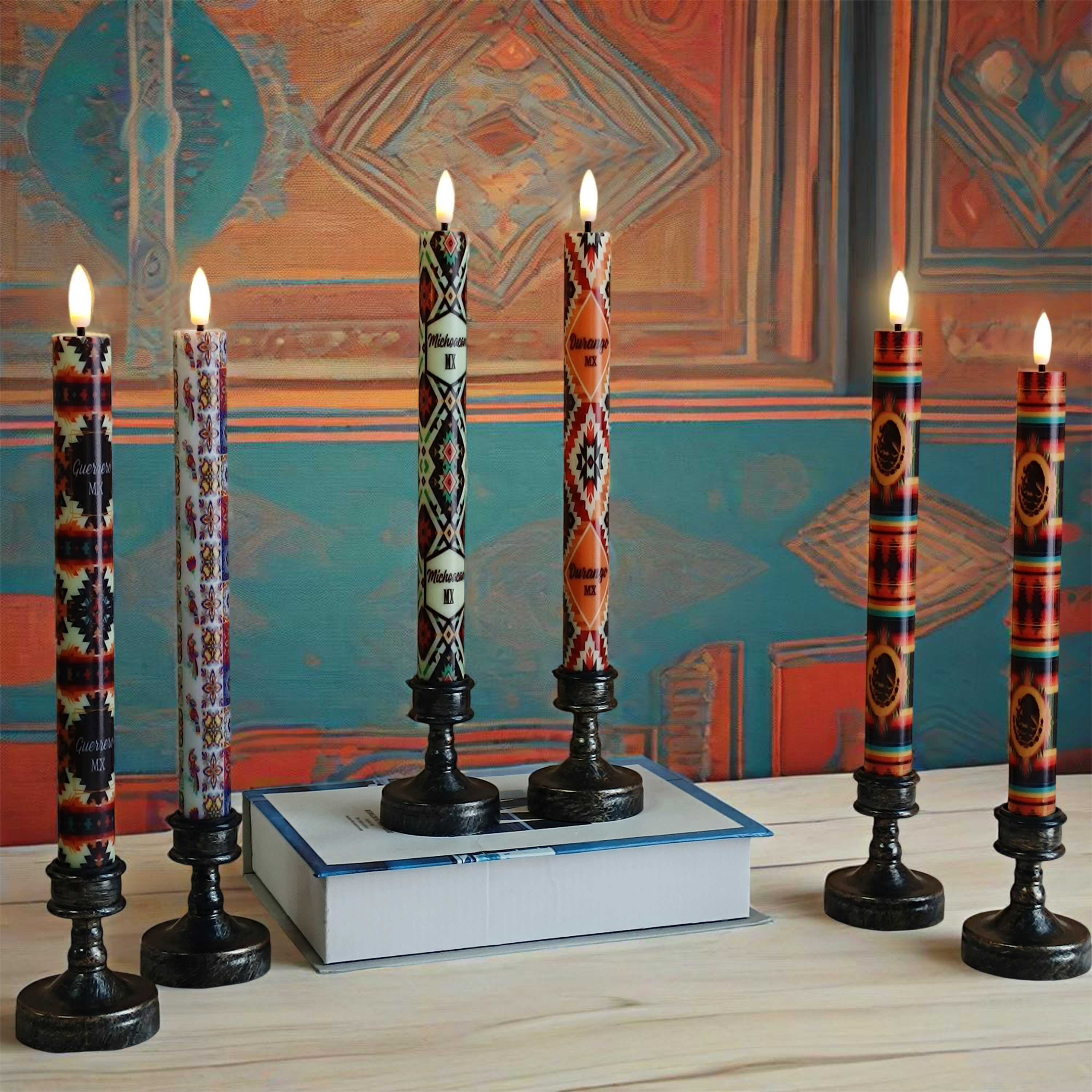 6PCS Printed Flameless Taper Candles, 10 Inch LED Candlesticks Battery Operated with 11-Key Remote, 3D Flickering Flame Lights for Wedding Party Home Decor Gifts