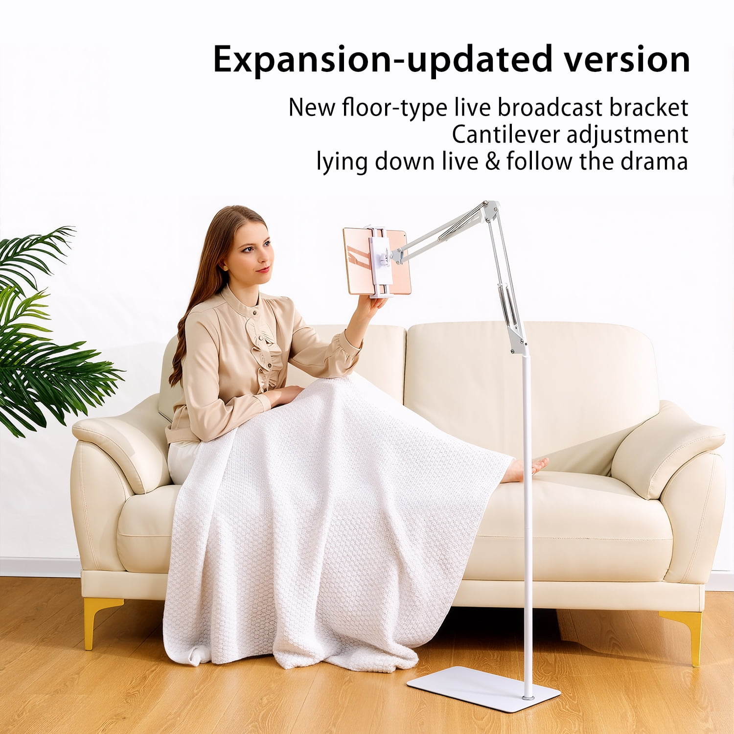 Hanru Tablet Floor Stand, 69" Height Adjustable 360-degree Rotatable Tablet Holder, Arm Stretchable Stand, Overhead Bed Phone Mount（4"~12.9''), White