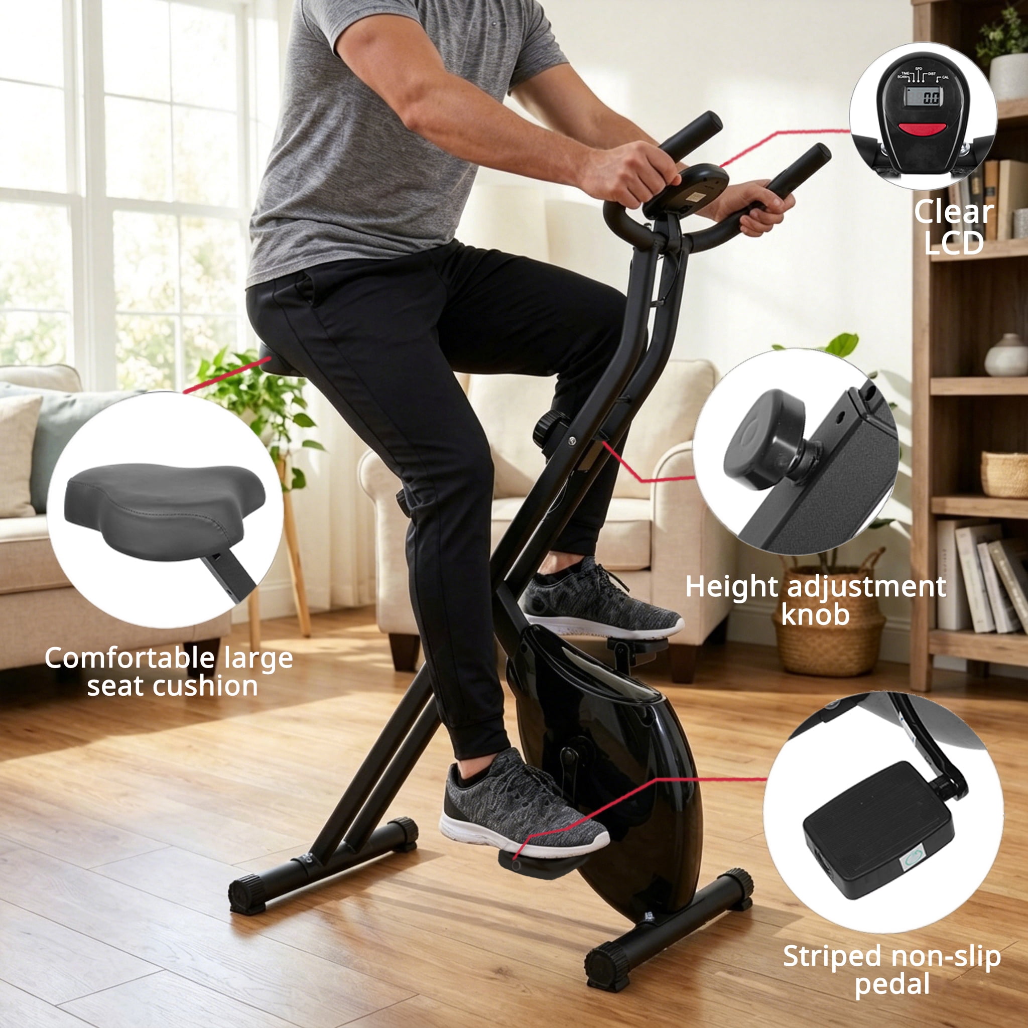 Vowella Indoor Upright Exercise Bike, Heavy Duty Stationary Cycling Bicycle with LCD Display for Home Cardio Workout, 264lbs Max Weight Capacity, Black