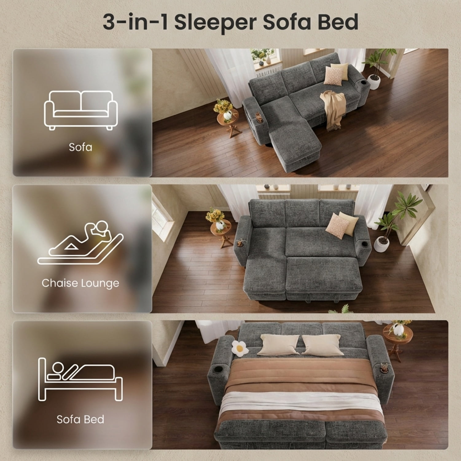 82" Sectional Sleeper Sofa with Pull Out Bed, Convertible L-Shaped Couch with Reversible Storage Chaise, 5-Level Reclining Backrest, Chenille, Dark Grey