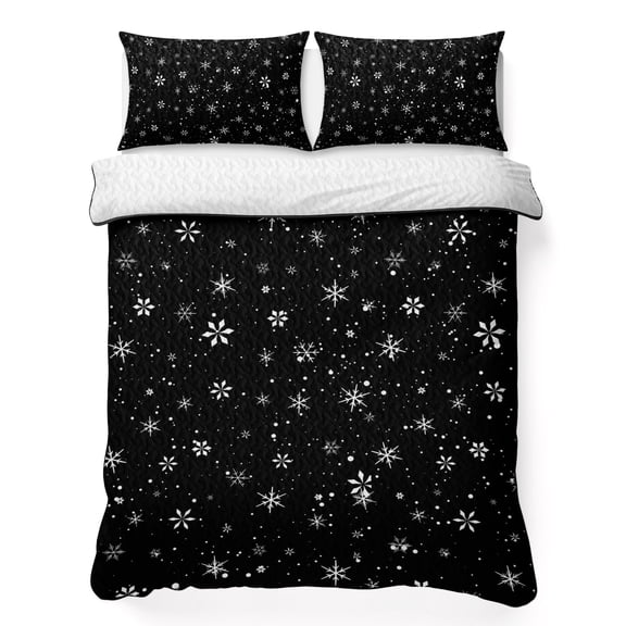 Quilts Full Size Bedding Set, Christmas Snowflake Lightweight Quilted Comforter, Xmas Snowy Winter Farmhouse Black Soft Reversible Bedspread Coverlet with Pillow Covers for All Season, 78" x 90"