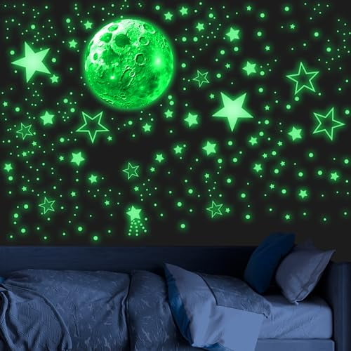 965 PCS Glow in The Dark Stars and Moon for Ceiling,Luminous Stars and Planet Wall Decals,Kids Room Decor,Glowing Galaxy Wall Stickers for Nursery Decorations (Green)