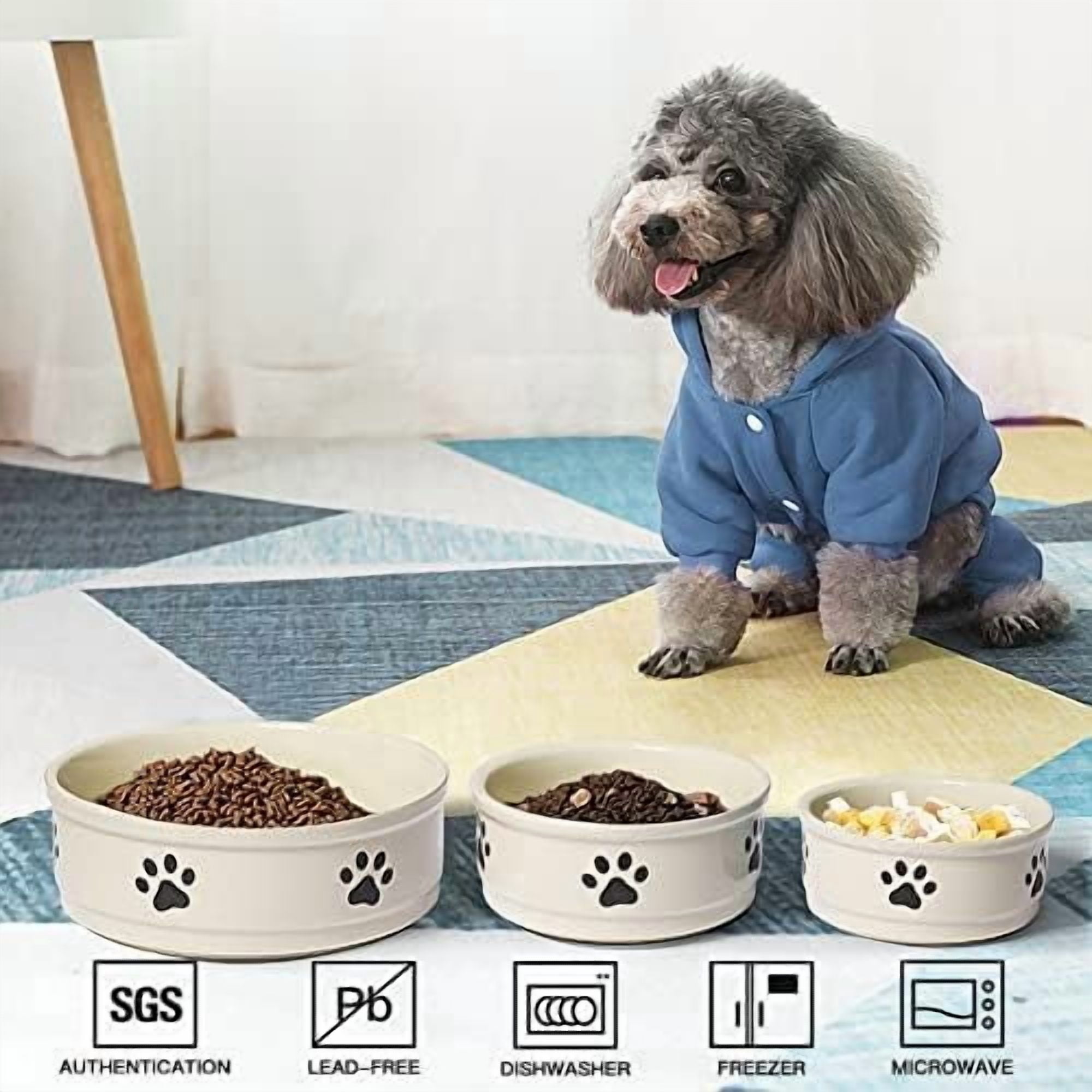 Ceramic Dog Bowls with Paw Pattern, Dog Food Dish for Large Dogs, Porcelain Pet Bowl for Water 70 Fl Oz (Beige)