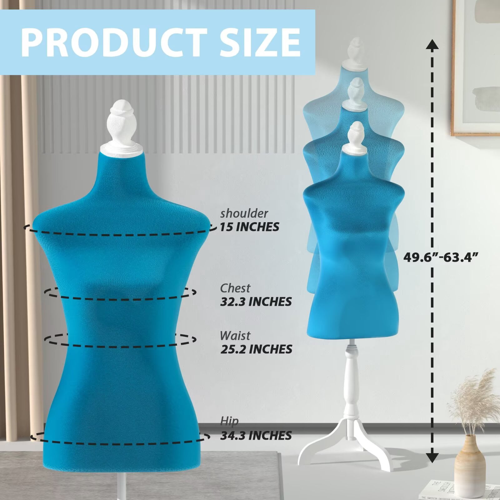 YRLLENSDAN 49.6-63.4 Inch Height Adjustable Sewing Mannequin Body for Clothing Dress Jewelry Display, Half Female Dress Forms with Wooden Tripod Stand for Sewing, Blue