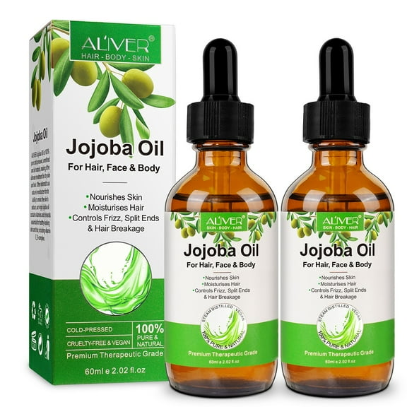 Aliver 100% Pure Natural Jojoba Oil - Moisturizing Oil for Face, Hair, Skin & Nails, Cold Pressed, Crueltyfree & Vegan, 2 oz, 2 Pack