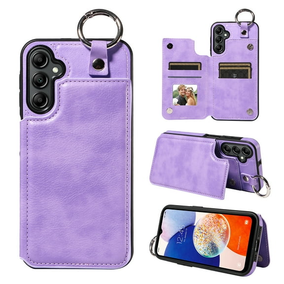 Nalacover for Samsung Galaxy A24 4G Wallet Case with Card Slots & Metal Finger Ring, Durable PU Leather Back Double Magnetic Botton Flip Kickstand Purse Shockproof Phone Case,Purple
