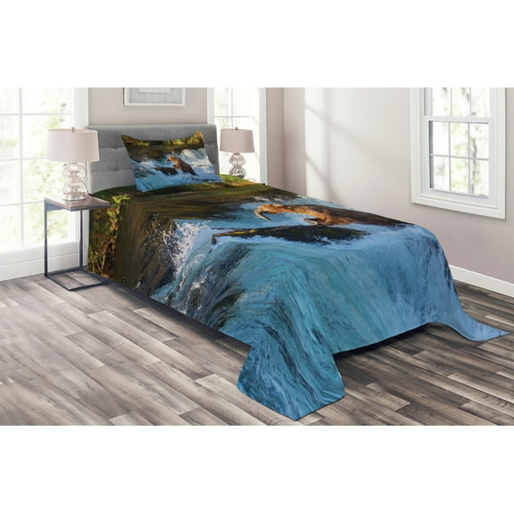 Ambesonne Bear Quilted Coverlet 2 Pcs, Alaska Waterfall Wildlfie, Twin Size, Multicolor