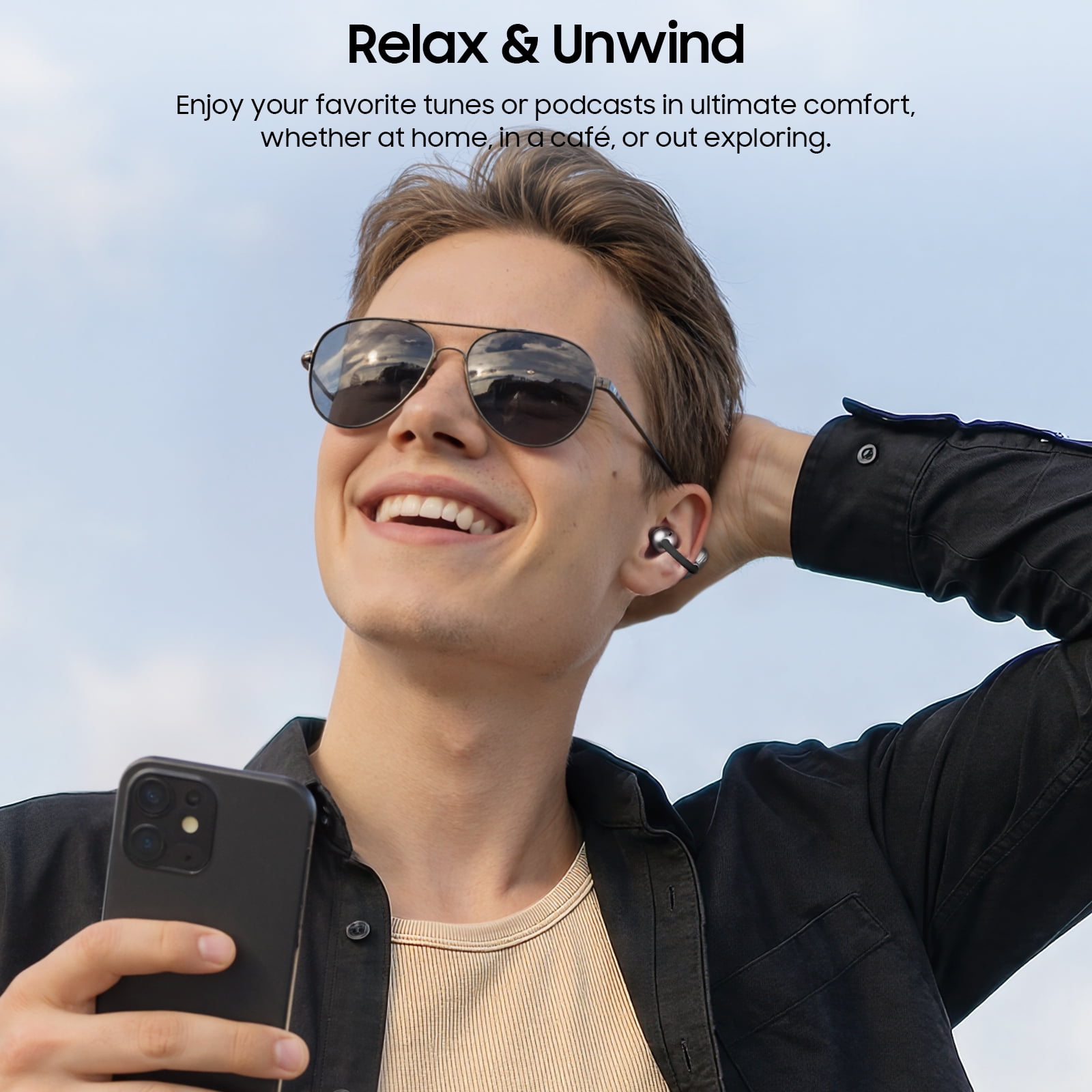 TOZO Open Ear Headphones, Clip on Earbud, 24H, Stereo Bass, Noise Cancelling Mics Clear Calls, Lightweight Comfort Fit for Sports Running Workout, Black