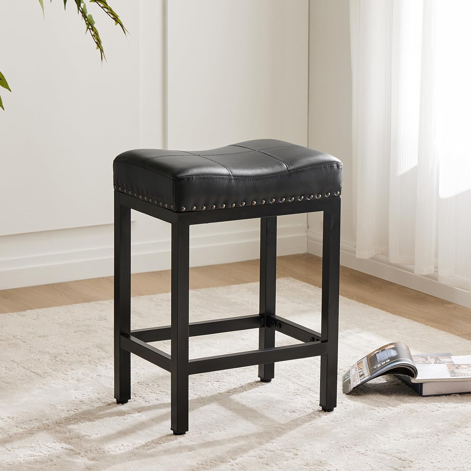 24" Backless Bar Stools, Set of 4 Counter Height Bar Stools, Leather Saddle Counter Stool, Black