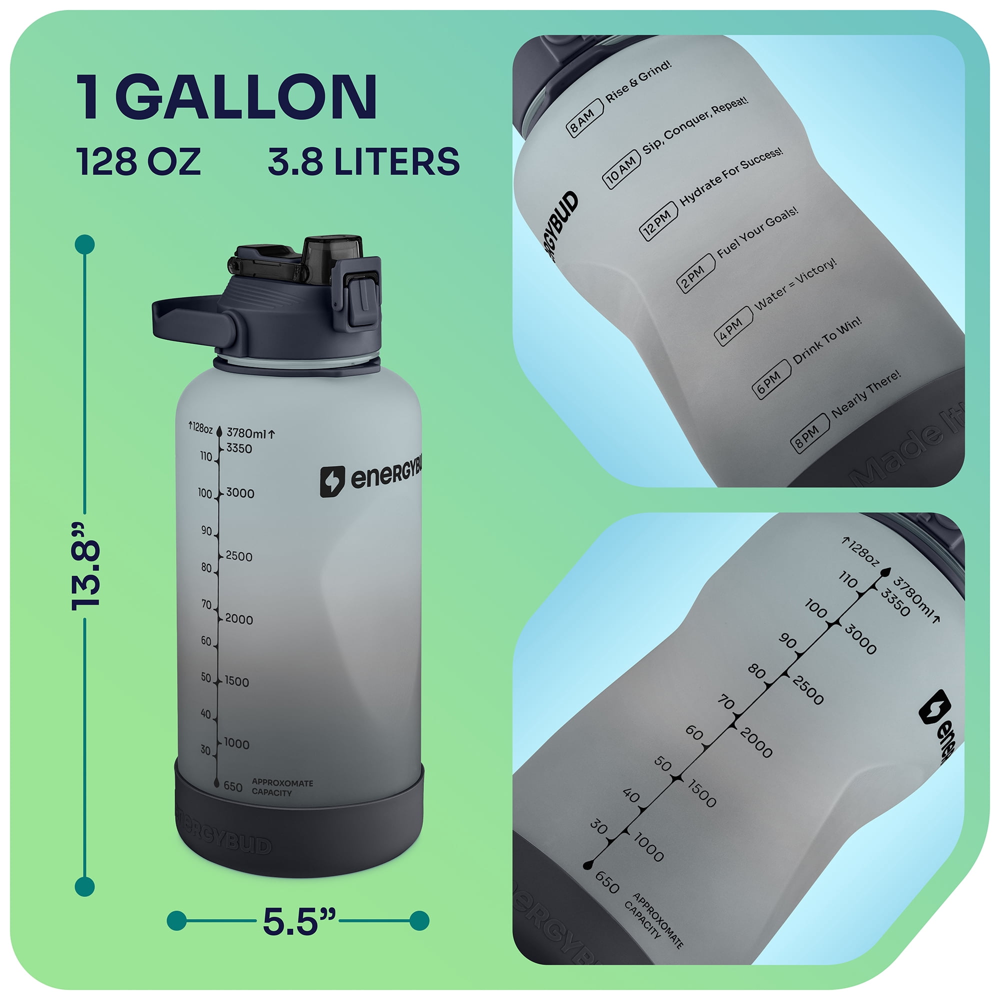 EnergyBud ½ Gallon Water Bottle with Straw and Handle, Large Motivational 74.3 oz BPA-Free Leakproof Water Jug with Strap and Time Marker for Fitness, Gym, Outdoor, and Daily Hydration