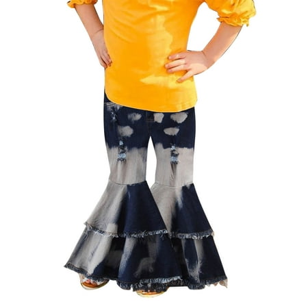 

Children Soft Cozy Pants Trousers Toddler Denim Bell Bottom Pants Baby Girls Trousers Two Ruffles Flare Ripped Jeans For Kids 1-6Y