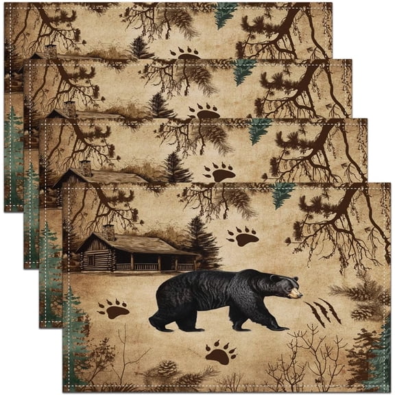 Wild Bear Placemats Set of 4 Rustic Farmhouse Table Mats Animal Theme Place Mat for Kitchen Dining Table Party Decor Indoor Outdoor 18"x12" Non-Slip Black Brown 18"x12"