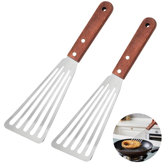 2 Pcs Stainless Steel Spatula Set, Wooden Handle, Multi-Purpose Cooking Tools for Frying, Grilling, and Stir-frying, Heavy Duty Scraper with Perforated Head