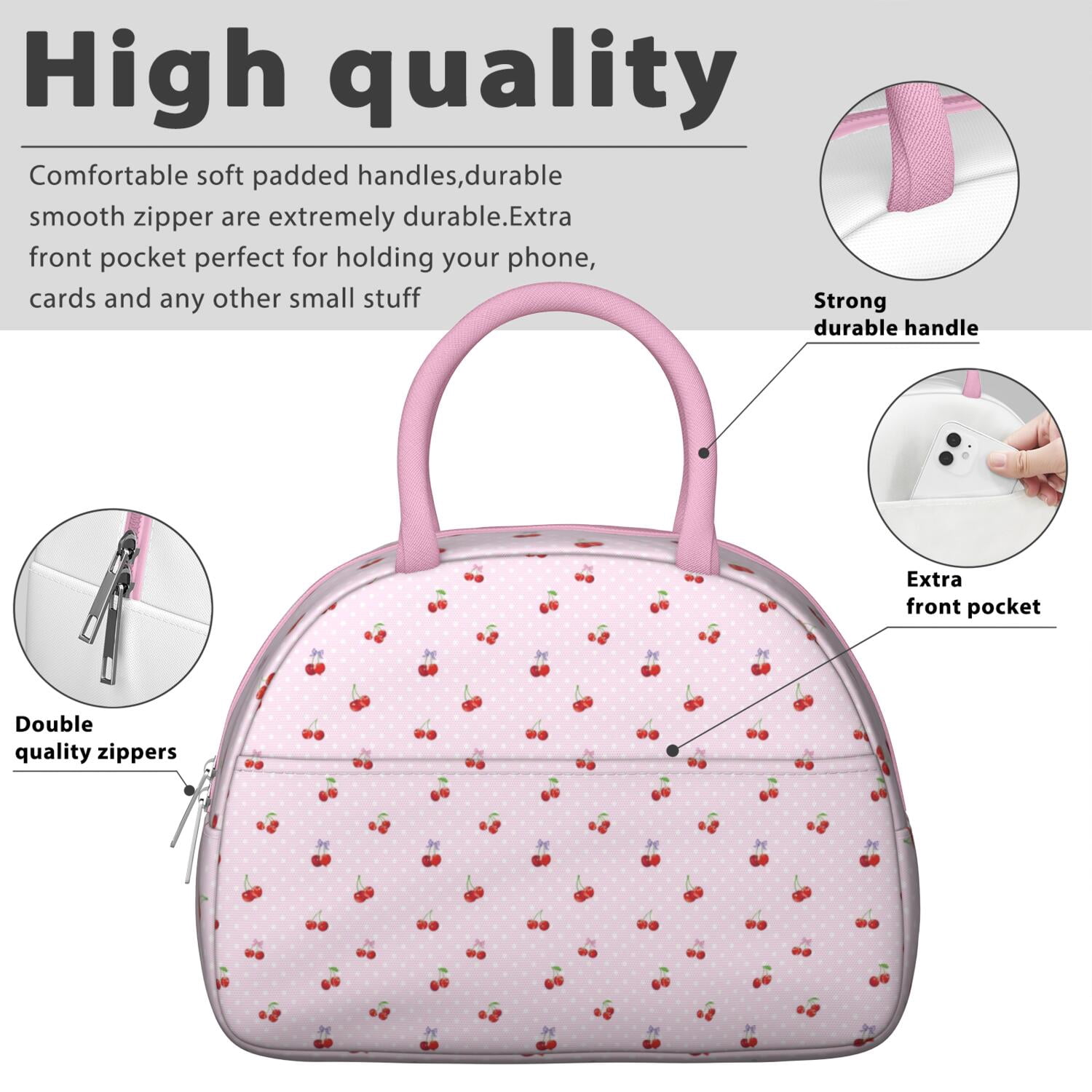 Cute Insulated Lunch Bag for Women, Reusable Thermal Lunch Tote with Cherry Print Design, Sweet Red and Pink Aesthetic, Perfect for Work, Picnic, and Travel