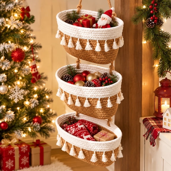 Aemutady 3-Tier Woven Hanging Basket, Over Door Wall Organizer
