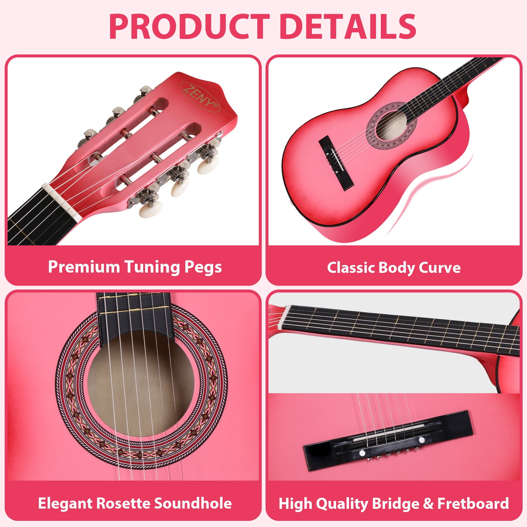 ZENY 38" Acoustic Guitar for Beginners, Student Starter Kit with Gig Bag, Strap, Tuner & Picks -Pink