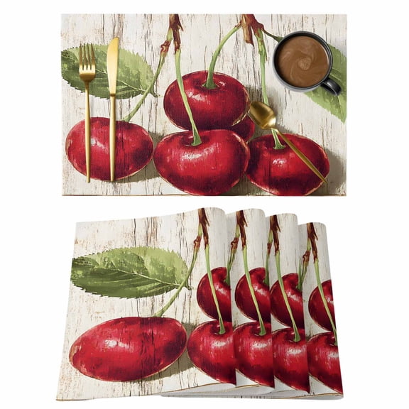 Vintage Red Cherry Placemats Set of 12 Retro Summer Botanical Place Mats Indoor Wipeable Table Mats Washable Cloth Dining Table Placemats for Kitchen Holiday Party Home Decor 13x19 Inch
