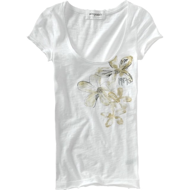 Aeropostale - Playera gráfica con cuello ancho para mujer, color blanco, XS