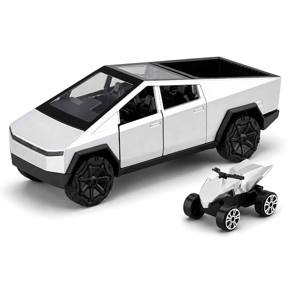 Tigozz 1:36 Cybertruck Pickup Truck Toy with Matching Mini Motorcycle, Pull-Back Action, Opening Doors, Tailgate, Lights and Sounds, Silver