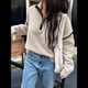 thumbnail image 5 of Suéteres Casuales con Cuello en V y Larga para Mujer, con Cremallera de un Cuarto, de Punto Holgado, con Bloques de Color y Cuello en V, para Otoño. L, 5 of 8