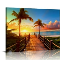 JRXY Tropical Beach Painting Decor, Palm Tree Sunset Picture Canvas Wall Art, Ocean Canvas Prints for Bedroom, Ready to Hang, Waterproof. 20x16in
