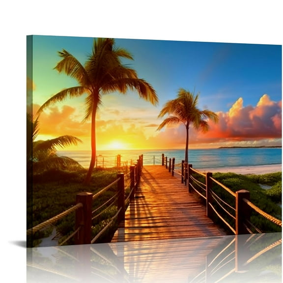 JRXY Tropical Beach Painting Decor, Palm Tree Sunset Picture Canvas Wall Art, Ocean Canvas Prints for Bedroom, Ready to Hang, Waterproof. 20x16in