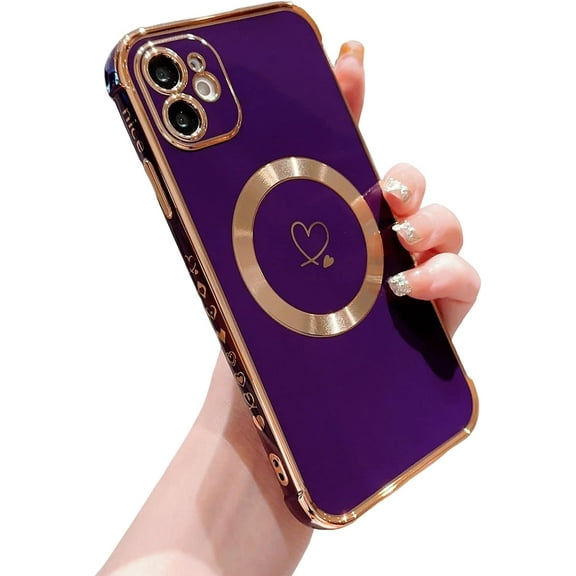 Compatible with Magsafe Case for iPhone 12,Love Heart Pattern Electroplated Design Soft TPU Shockproof Protective Full Camera Lens Protection Magnetic Case for iPhone 12-Deep Purple