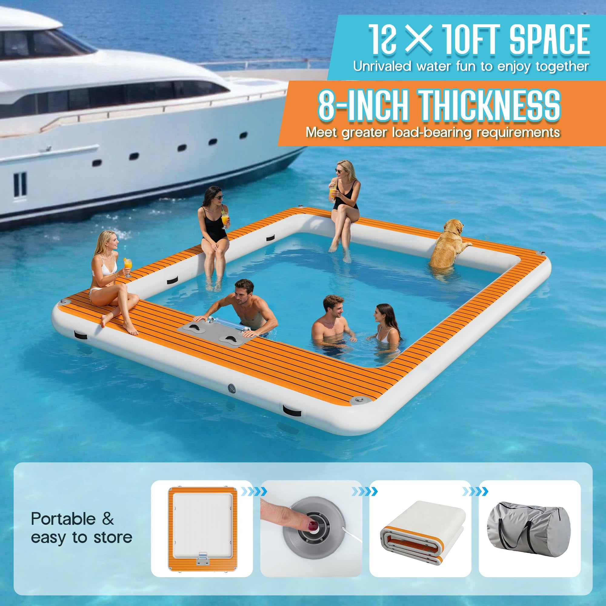 Jocisland 12×10FT Inflatable Sea Pool, Floating Swimming Pool Platform with Safety Net, Modular Swim Air Dock with Electric Air Pump for Ocean Party