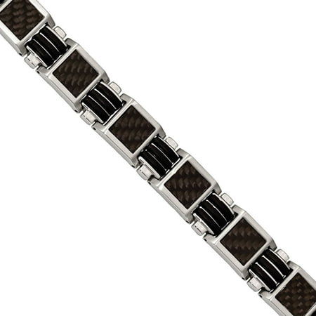 Primal Steel Stainless Steel Brushed/Polished Black Carbon Fiber Inlay/Rubber Bracelet, 9