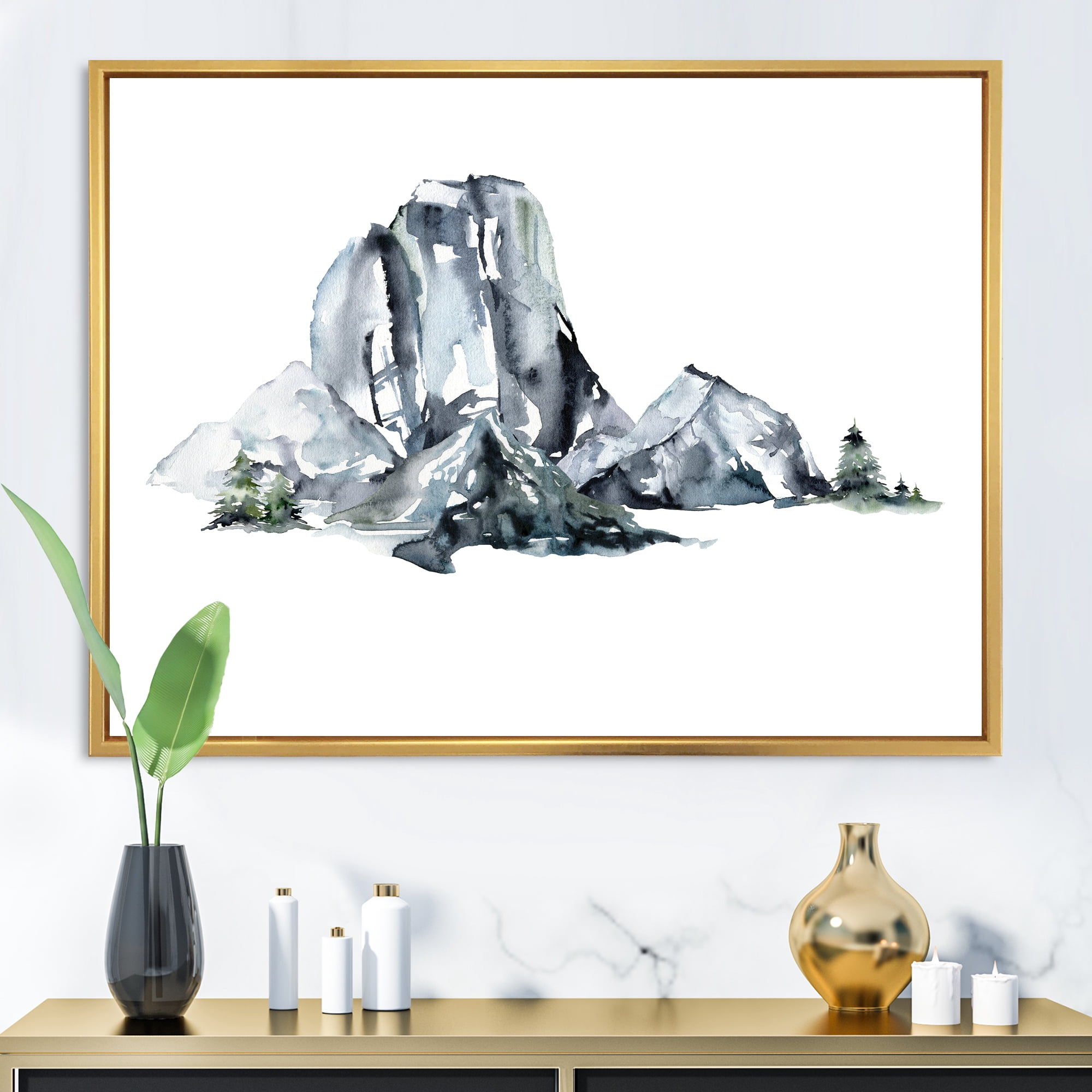 Designart 'Minimalistic Landscape of Forest and Mountains' Modern Framed Canvas Wall Art Print