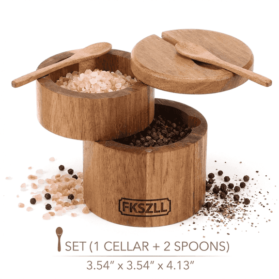 Fkszll Salt Cellar 2 Layer Salt Container, Salt Cellar with Lid, Built in Spoon and Magnetic Swivel Lid, Small Salt Box for Salt, Sugar, Pepper, Spices, Kitchen Organizer, 9oz