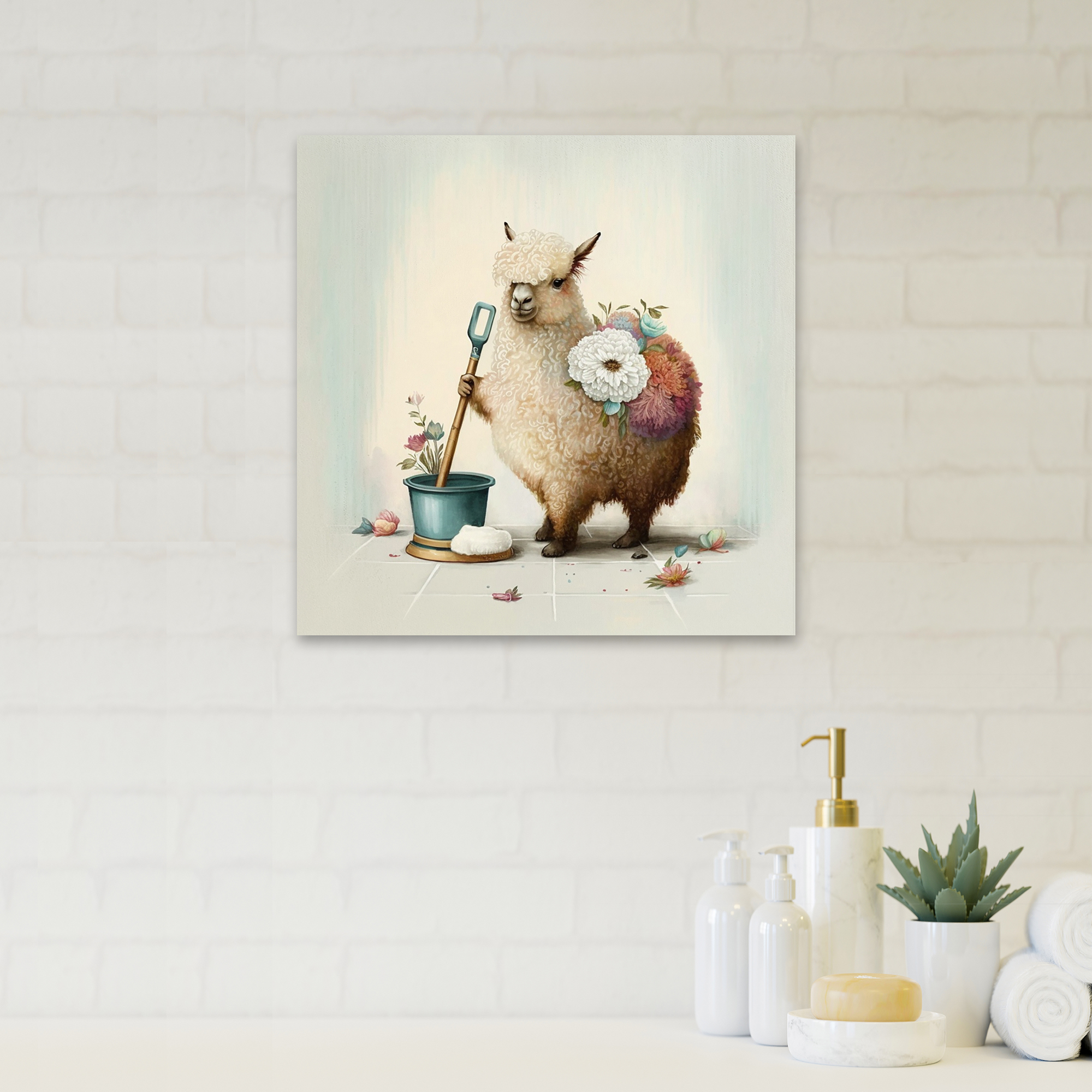 Designart Llama Cleaning Bathroom With Flowers I Canvas Wall Art