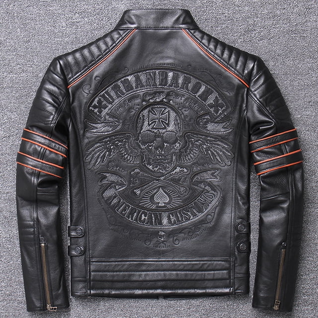 CC Shop.Brand skull cowhide coat.Y2K black slim genuine leather jacket,Rider leather cloth.Chaqueta de cuero esqueleto