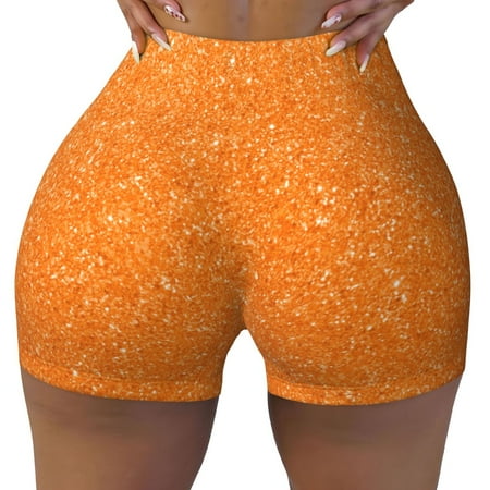 Workout Shorts Women  Orange Glitter2 Biker Shorts for Women Running Gym Spandex Shorts Tummy Control