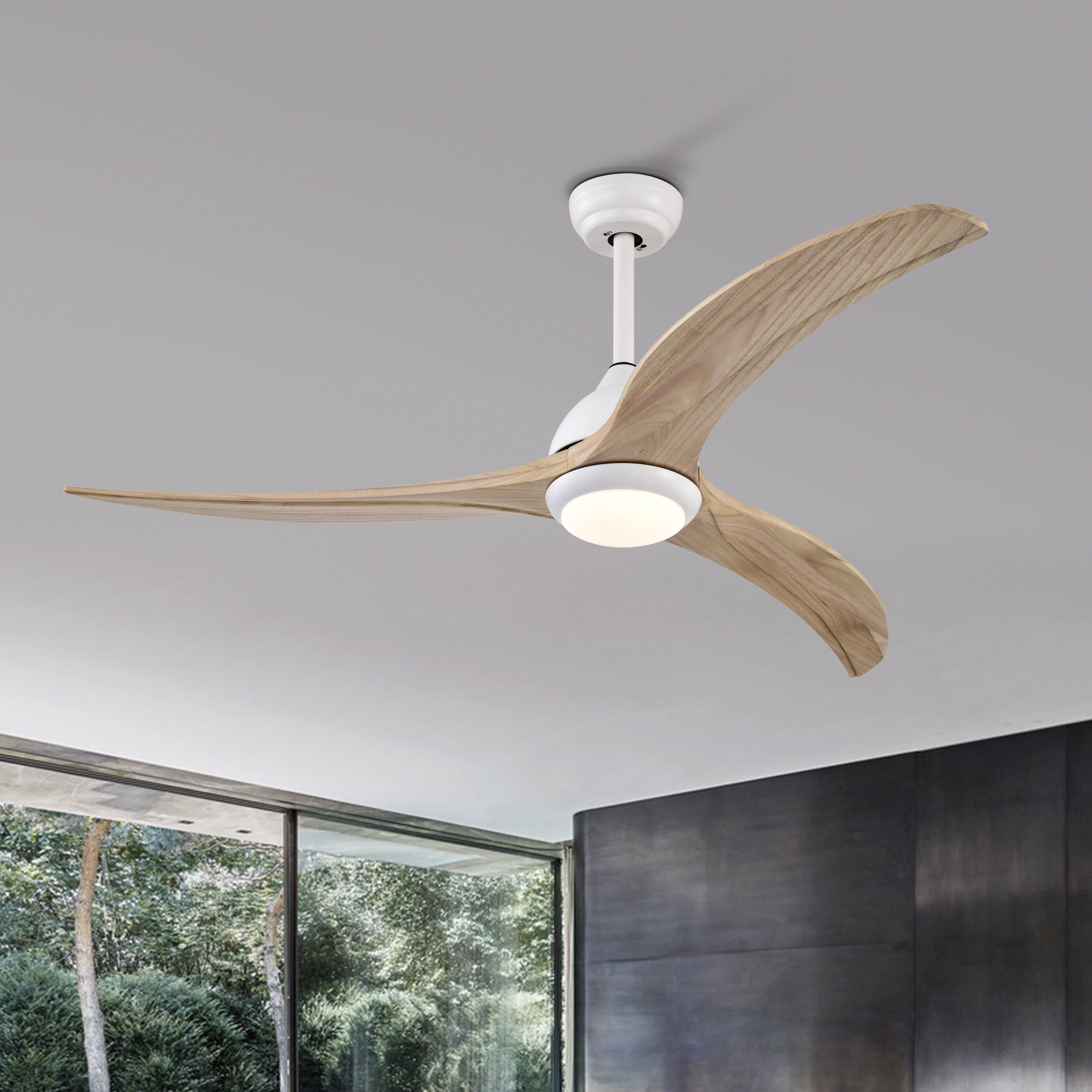 Ceiling Fan with Light, 52 Inch Reversible Noiseless Fan for Home Indoor Living Bedroom, Matte White Natural Wood